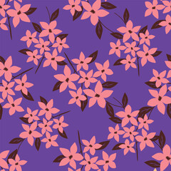 Seamless floral pattern, cute ditsy print with small pink flowers, leaves on purple background. Pretty botanical design for fabric, paper and other surfaces. Vector illustration.