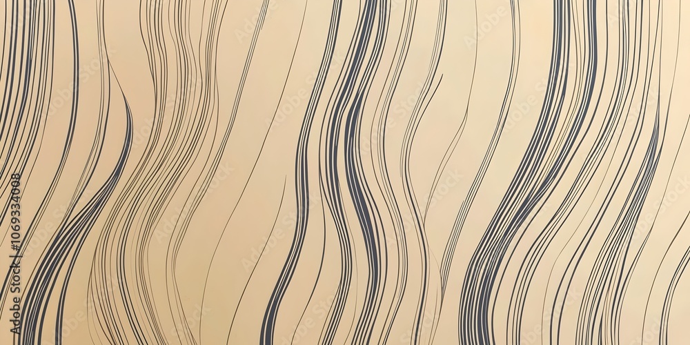 Poster An elegant abstract pattern featuring flowing lines in dark blue against a soft beige background, creating a sense of movement and harmony.