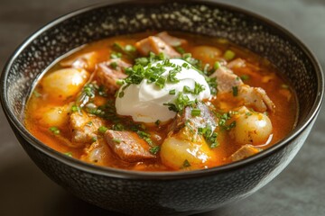 A warm and hearty bowl of soup with tender meat, potatoes, and creamy sour cream