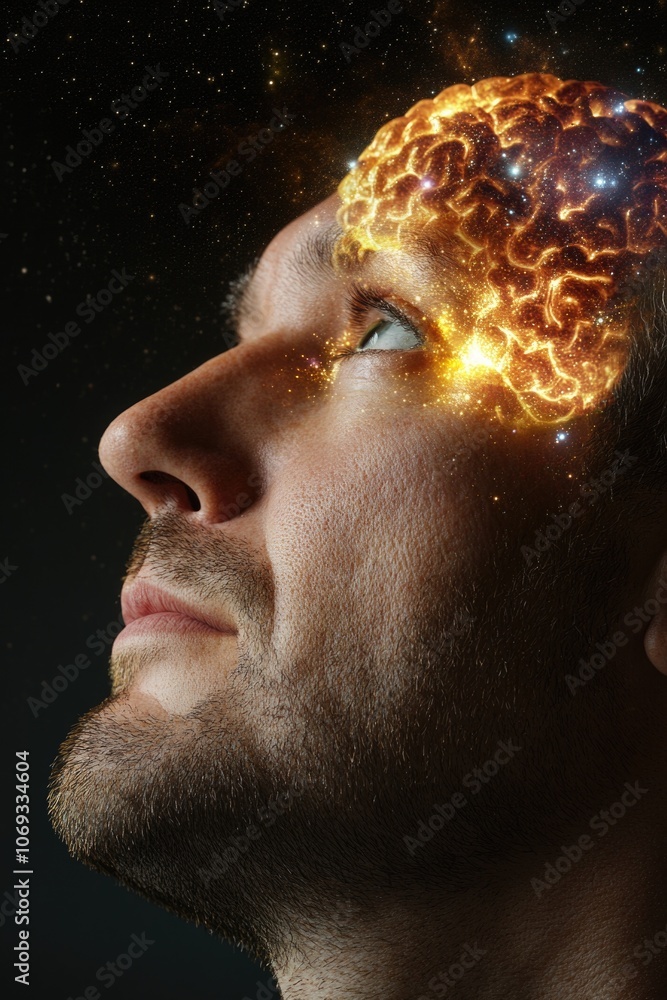 Poster a person with an illuminated skull, perfect for futuristic or sci-fi concepts