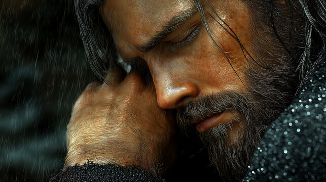 A digital painting of Beowulf, the Norse hero, resting in the rain before a Viking palisade, his muscular form clad in rugged furs and armor. The dark clouds and rain create a mood