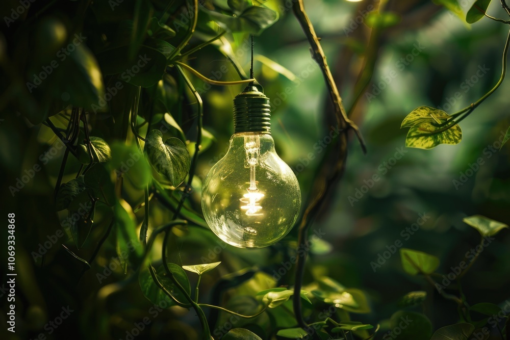 Poster A single light bulb hangs from a tree branch in a natural setting