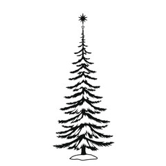 a black and white line drawing of a Christmas tree