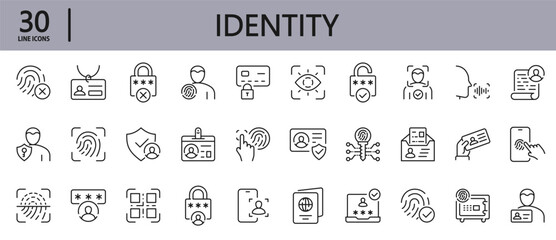 Identity line icons set with Privacy, Identity Check, Security, Authentication, Scanner, Finger, Biometric, Identity, Password, Key, Print and more. Editable Stroke