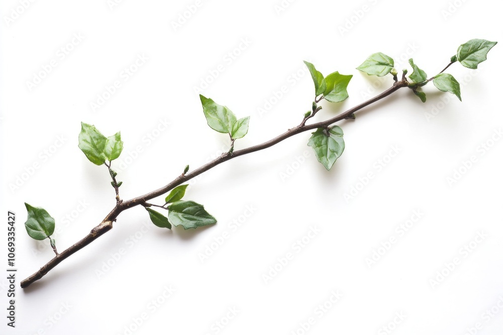 Poster a branch with green leaves placed on a white background, great for use in designs related to nature 