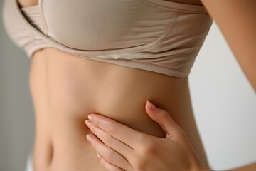 Naklejka premium Close-Up of a Woman's Midsection with a Hand Gently Resting on Her Abdomen