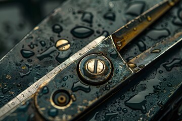 Close-Up of Vintage Scissors with Water Droplets on a Dark Surface