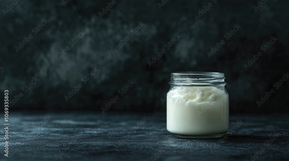 Poster A container filled with yogurt sitting on a flat surface