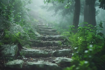 Fototapeta premium A stone path winding through a dense forest, suitable for outdoor and nature-themed projects