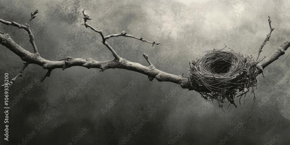 Poster a natural scene with a bird's nest on a tree branch, suitable for environmental or nature-related co