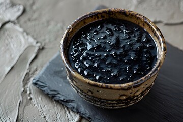 Black sesame paste in rustic bowl on dark textured background. Closeup photography for culinary or gourmet concept