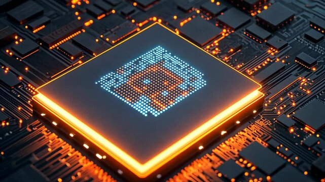 A close-up of a computer chip with an illuminated icon, representing the power of modern technology
