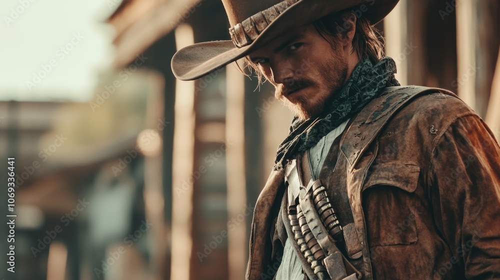Poster a close-up of a man wearing a cowboy hat and a leather jacket, perfect for use as a profile or chara
