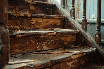 A close-up view of a worn wooden staircase with peeling paint, suitable for use in architectural or design contexts