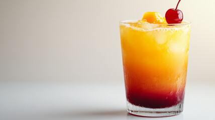 Tropical cocktail with orange and cherry garnish.
