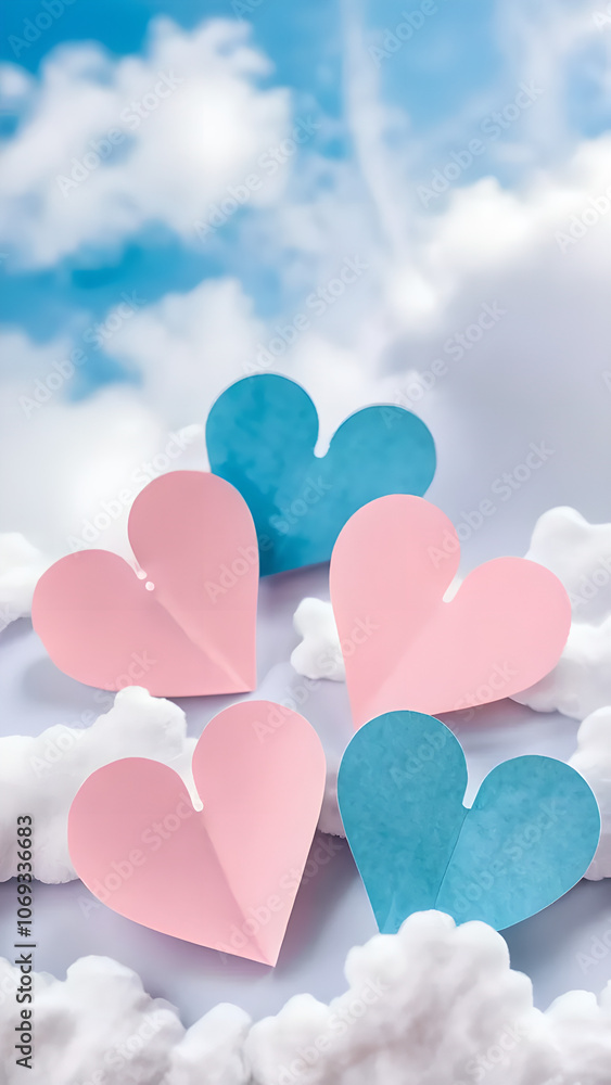 Poster Four hearts are on a white background with clouds in the background