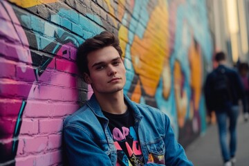 Fototapeta premium A young man leans against a colorful graffiti wall. He wears a denim jacket and a graphic tee. The urban scene is vibrant and full of life. Generative AI