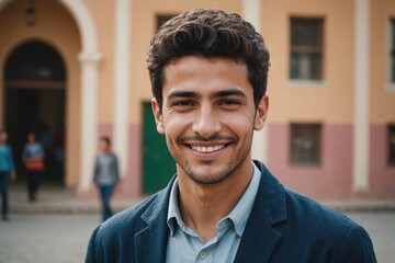 Obraz premium Close portrait of a smiling young Algerian man school teacher looking at the camera, Algerian school blurred background
