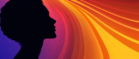 Silhouette of a Womans Face Against a Vibrant Abstract Background of Curved Lines in Red, Orange, and Yellow, Silhouette of a Womans Face Against a Vibrant Abstract Backgroun