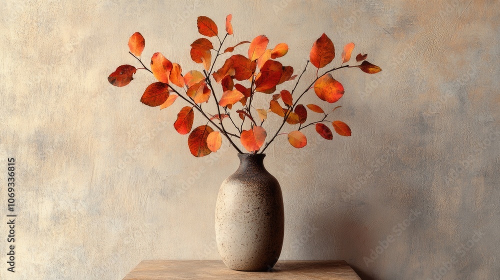 Poster a simple still life composition featuring a vase with leaves on a table