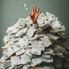 A stressed male hand emerges from a mountain of crumpled receipts and bills.