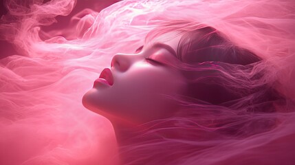 Woman’s face bathed in soft pink smoke representing dreamlike serenity transformation and mystery through surreal lighting and abstract forms in a modern feminine aesthetic