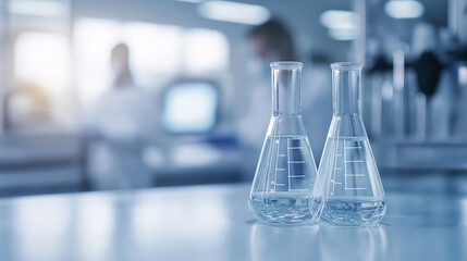 Laboratory Glassware with Blurred Scientists in Background