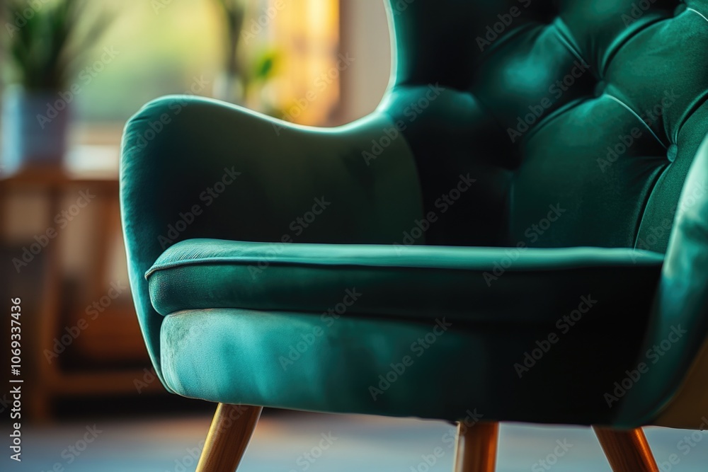 Poster A single green chair sits in front of a window with a view