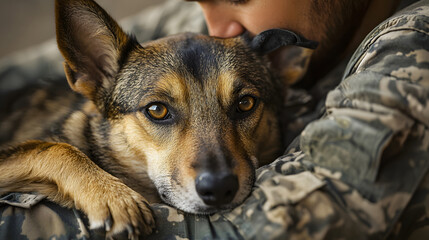 Military veteran in camo uniform embracing dog close up portrait. National Pets for Veterans Day, therapy animals, companionship and veteran care