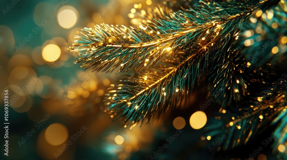 Poster a close up of a christmas tree with lights shining bright in the background