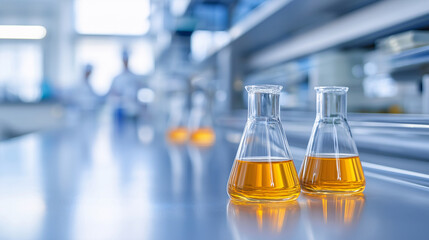 Laboratory Flasks with Yellow Liquid on a Shiny Surface Science Experiment Chemistry Research
