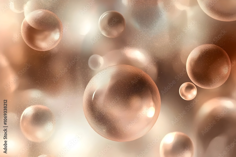 Poster close-up view of shimmering, translucent bubbles floating in a soft-focused background, creating a d