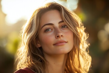 Fototapeta premium A woman wearing a red sweater and having long hair, possibly in a casual or relaxed setting