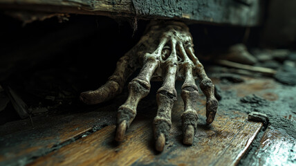 Skeleton hand emerging from the floor in eerie setting