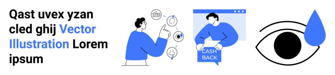 A person interacting with a smartphone, a cashback graphic with a person, and a large eye with a blue drop. Ideal for digital marketing, e-commerce, user interaction, customer support, online