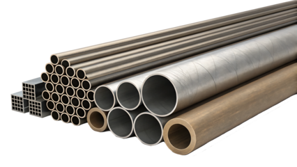 a group of metal pipes isolated on white background.AI GENERATED