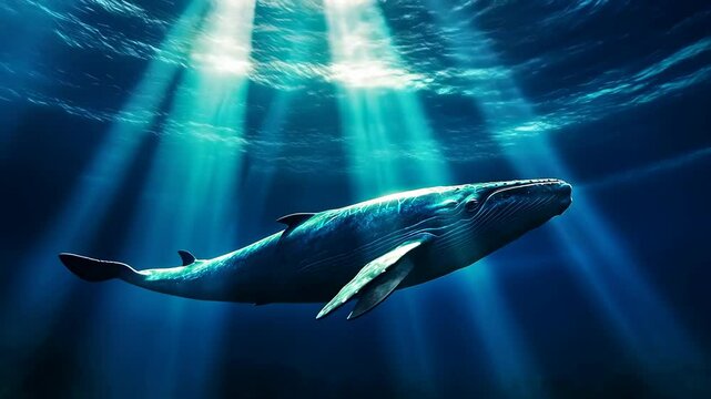 A majestic blue whale glides through ocean waters, bathed in sunlight filtering through from above, highlighting the serene mood of marine life.