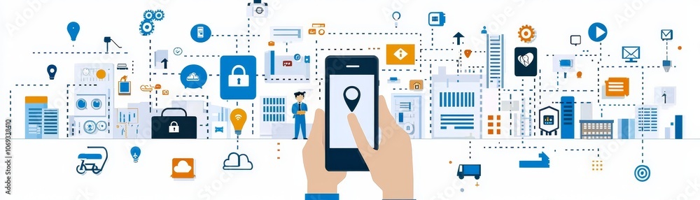 Poster user interacting with modern smartphone interface design