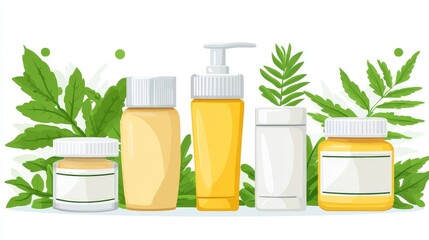 Minimalist natural skincare bottles and jars surrounded by fresh green leaves promoting eco conscious packaging and sustainable beauty products for environmentally aware consumers