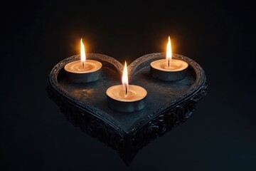 Three lit candles arranged in a heart shape, perfect for romantic occasions or decorative purposes