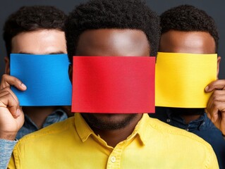 Diverse group holding colorful cards over faces, abstract representation of individuality.