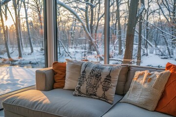 A couch sits in front of a snowy window, perfect for winter scenes or cozy interiors
