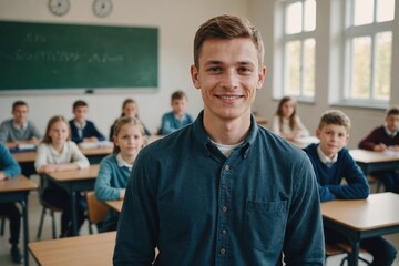 Obraz premium Close portrait of a smiling young Belarusian man school teacher looking at the camera, standing against classroom after school day, blurred background
