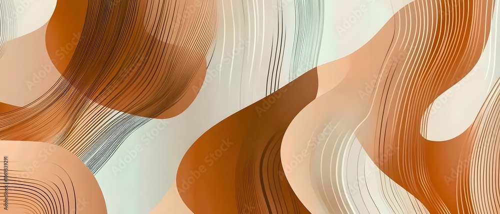 Poster an abstract composition featuring flowing curves and lines in warm hues of orange and brown, creatin