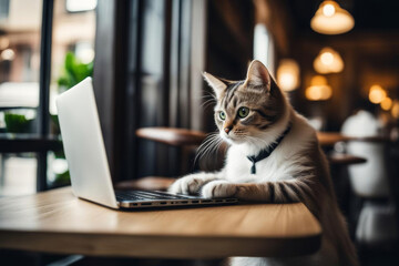 anthropomorphic cute cat works with notebook in cafe as freelancer