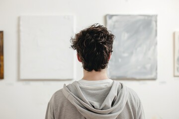 A person admiring art pieces, potential usage: for interior design or art appreciation purposes