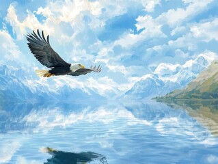 Obraz premium A majestic bald eagle soars through the sky above a serene lake and snow-capped mountains.