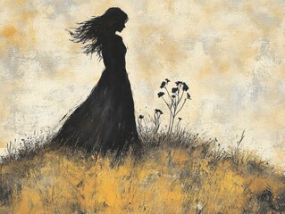 Silhouette of a woman standing on a grassy hill in the wind.