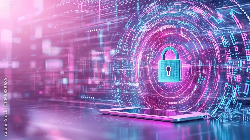 Poster futuristic tablet with secure lock interface