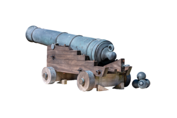 Photo of an old artillery cannon, the 32-pounder Blomefield, widely used in 16th century fortifications, isolated on a transparent background